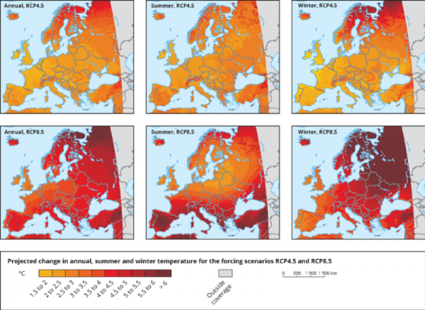 Gevolgen klimaatverandering Europa, vergelijking temperatuurstijging winter en zomer.